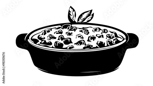 Whole casserole dish filled with baked ingredients, ready to serve, food illustration vector