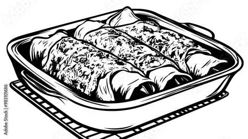 Whole enchilada dish cooling on a wire rack after baking, food illustration vector