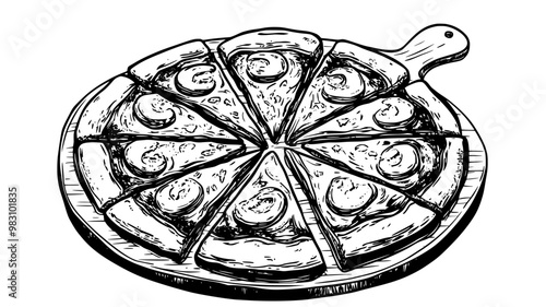 Whole pizza on a wooden board sliced into eight portions, food vector illustration