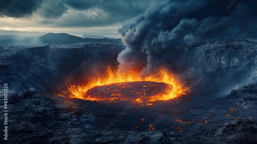 Molten lava erupts from a volcanic crater, spewing fiery embers and black smoke. The scorched ground and ash-filled sky emphasize the volcano’s destructive power. Molten lava erupts from a volcanic crater, spewing fiery embers and black smoke. The scorched ground and ash-filled sky emphasize the volcano’s destructive power.