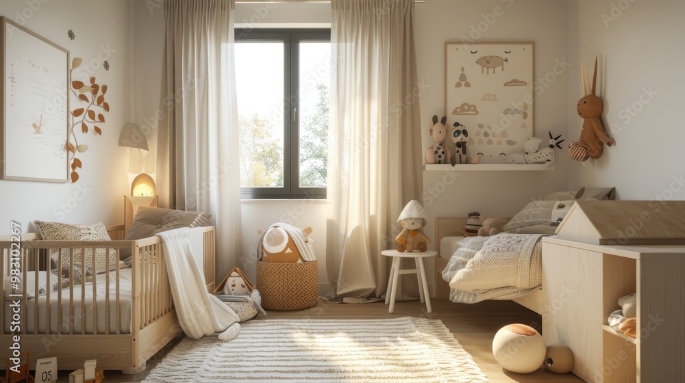 Obraz premium A cozy nursery with a crib, a bed, and a large window. The room is decorated in neutral tones and features a variety of stuffed animals.