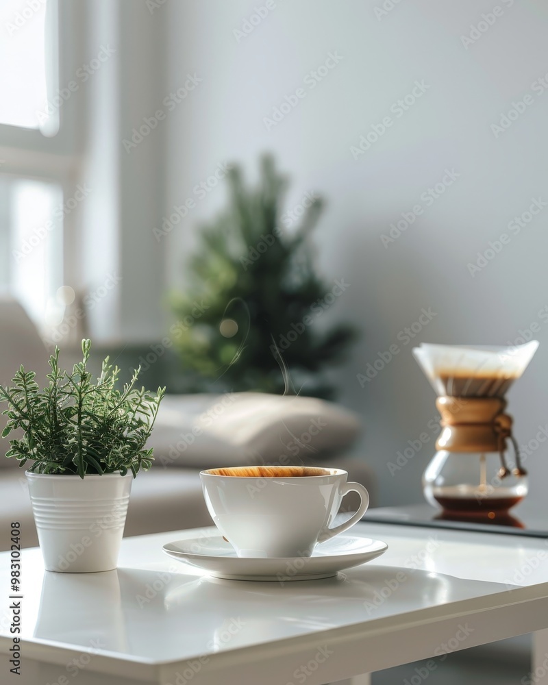 A cup of coffee on a white table, with a small plant and a coffee pot in the background. Sunlight streams through the window. A cup of coffee on a white table, with a small plant and a coffee pot in the background. Sunlight streams through the window.