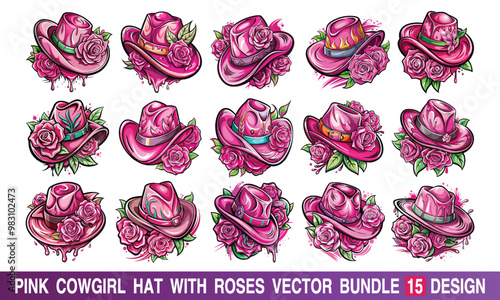 Pink Cowgirl Hat with Roses Hand-drawn T-shirt Design, featuring a beautifully illustrated icon on a white background. Premium vector artwork for chic and unique t-shirt prints.