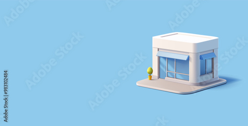 The building of a cafe, shop, hairdresser, bakery, dealer center, 3D. Exterior front view of commercial real estate for business, service industry advertising. Vector