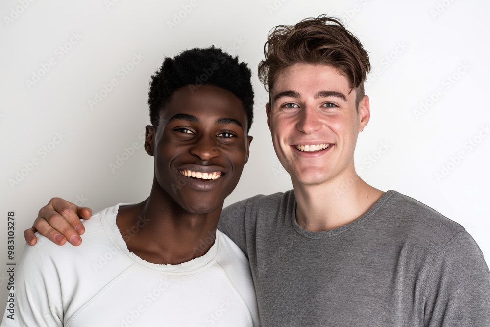 Fototapeta premium Two men are smiling and hugging each other. One is black and the other is white. They are posing for a picture