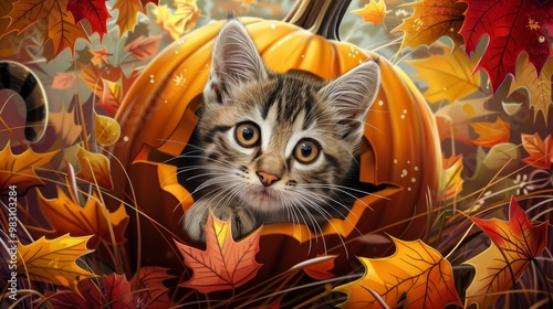 A cute kitten peeks out from inside a pumpkin surrounded by autumn leaves.