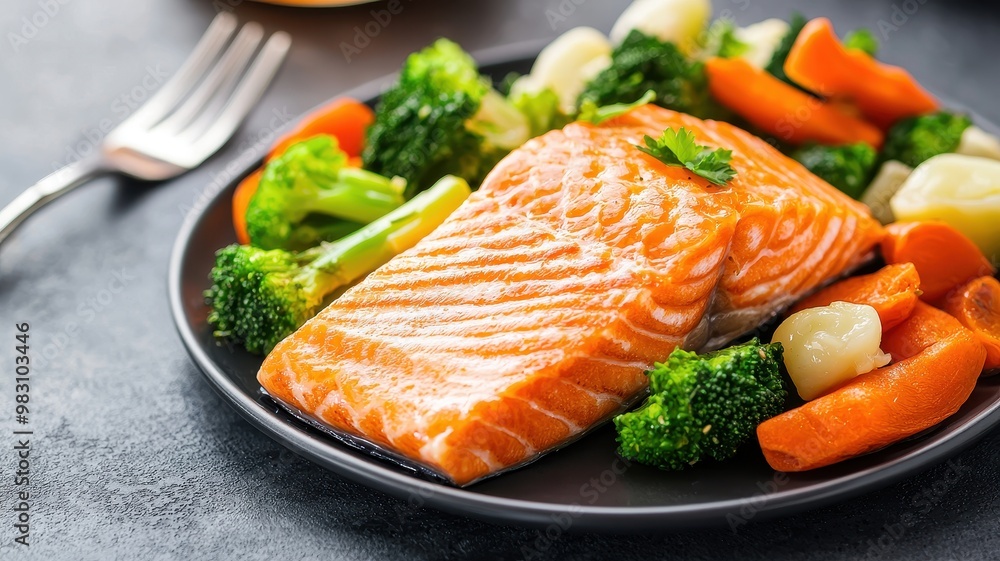 Freshly grilled salmon fillet served with colorful, steamed vegetables on a stylish black plate. Freshly grilled salmon fillet served with colorful, steamed vegetables on a stylish black plate.