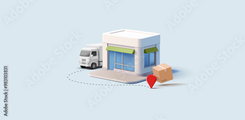 Store building, truck, box, location icon, 3D. Modern banner for business concepts of logistics, transportation, quick delivery of goods. Vector