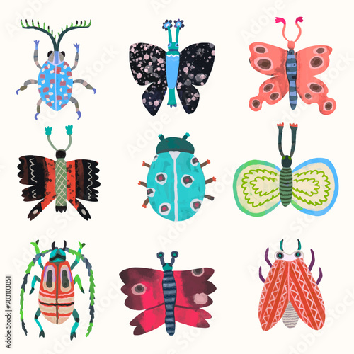 Butterflys dragonfly bug and ladybug. watercolor painting vector of cute insect. isolated animal illustration.	