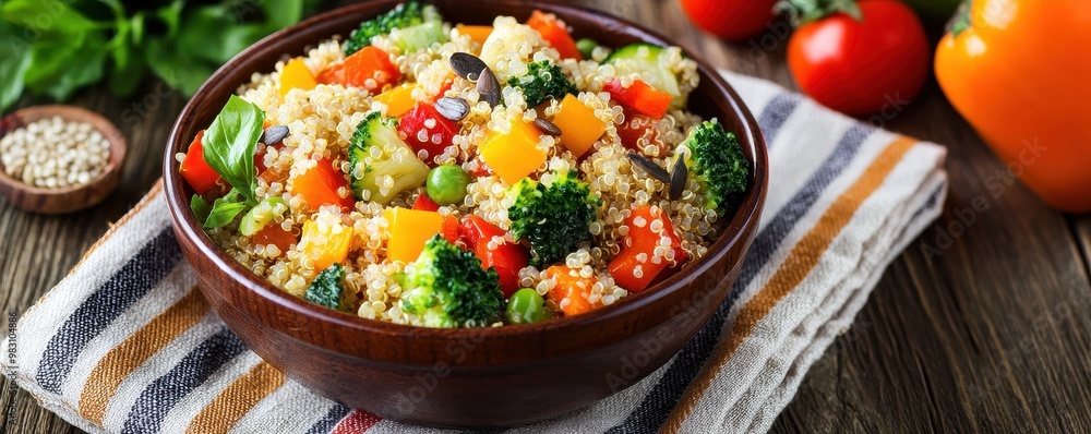 Vibrant vegetable quinoa bowl, rich in colors and flavors. Perfect for healthy meals, showcasing fresh ingredients in a rustic setting. Vibrant vegetable quinoa bowl, rich in colors and flavors. Perfect for healthy meals, showcasing fresh ingredients in a rustic setting.