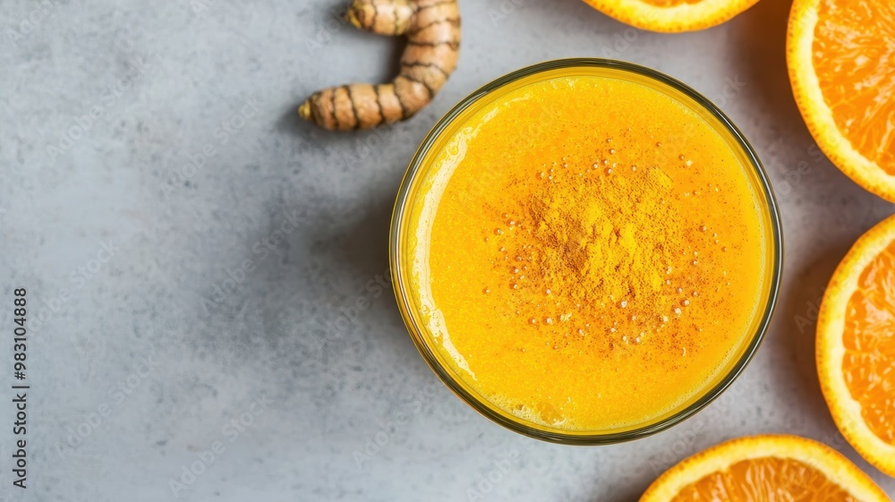 Vibrant orange smoothie with turmeric garnished on a gray background, ideal for health and wellness concepts. Vibrant orange smoothie with turmeric garnished on a gray background, ideal for health and wellness concepts.