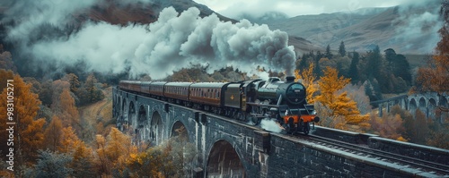 Vintage steam train crossing iconic Glenfinnan Viaduct, surrounded by scenic Scottish landscape.