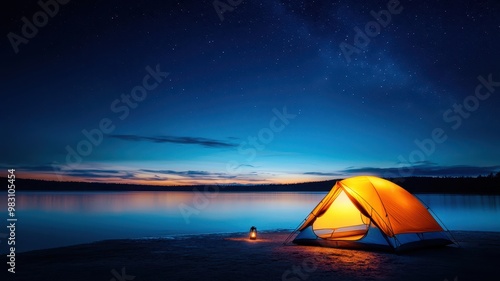 A serene night view of a glowing tent by the calm lake under a starry sky, perfect for camping and outdoor adventure.