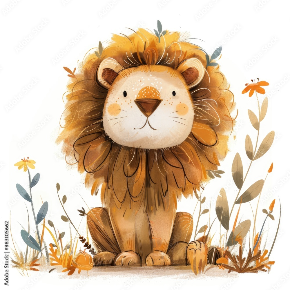 Cute Illustrated Lion Cub with Floral Elements on a White Background Cute Illustrated Lion Cub with Floral Elements on a White Background