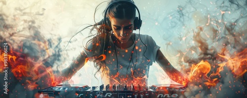 Female DJ intensely focused while mixing music, vibrant colorful splashes, dynamic performance. photo