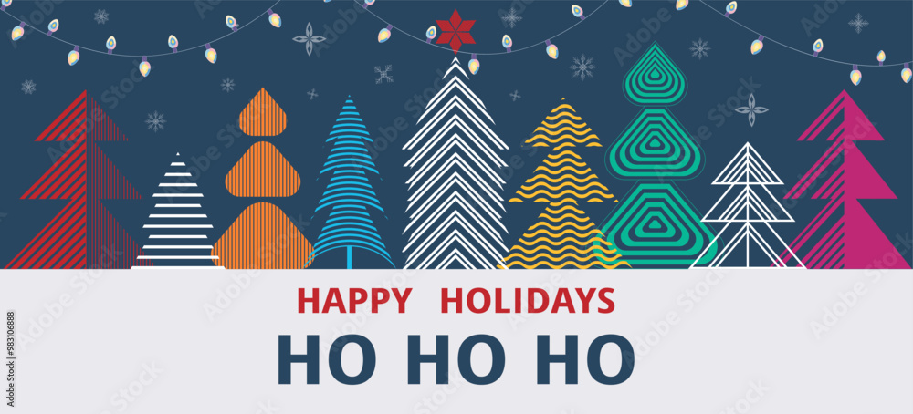 Happy Holidays HO Ho Ho Christmas, New Year banner, web, background, greeting card, poster, template, Layout. Sample geometric typography Christmas tree invite design Happy Holidays HO Ho Ho Christmas, New Year banner, web, background, greeting card, poster, template, Layout. Sample geometric typography Christmas tree invite design