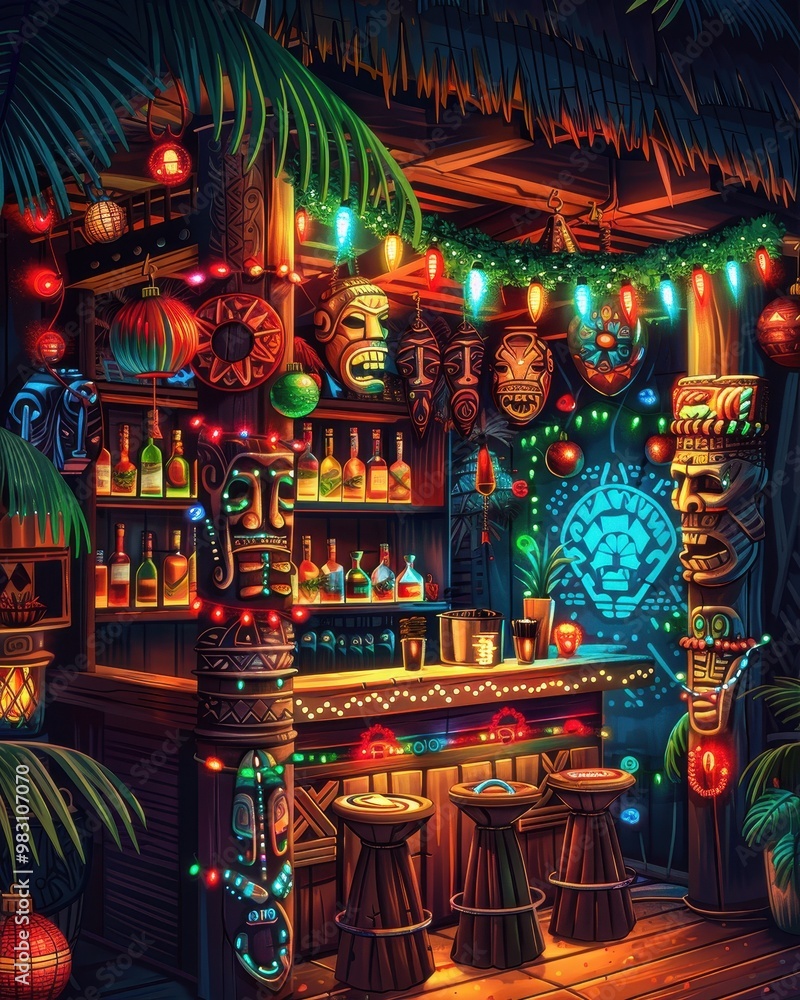 Fototapeta premium A festive tiki bar decorated with colorful lights and tiki masks. The bar is ready for a night of fun and drinks.