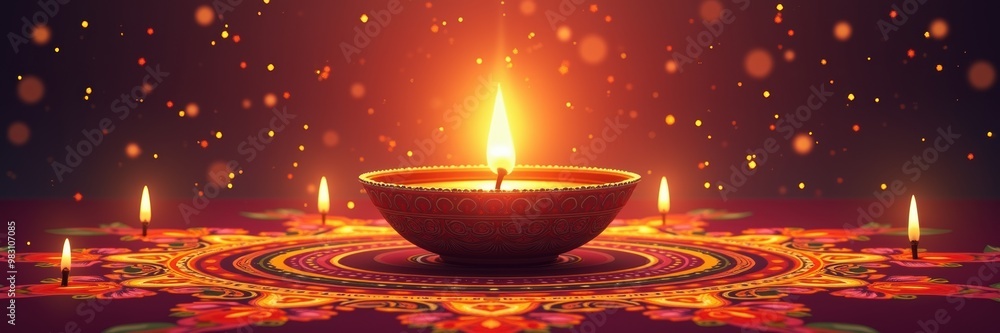 A serene oil lamp glowing brightly against a festive backdrop, embodying peace and celebration, perfect for Diwali, yoga, or meditation themed projects. A serene oil lamp glowing brightly against a festive backdrop, embodying peace and celebration, perfect for Diwali, yoga, or meditation themed projects.
