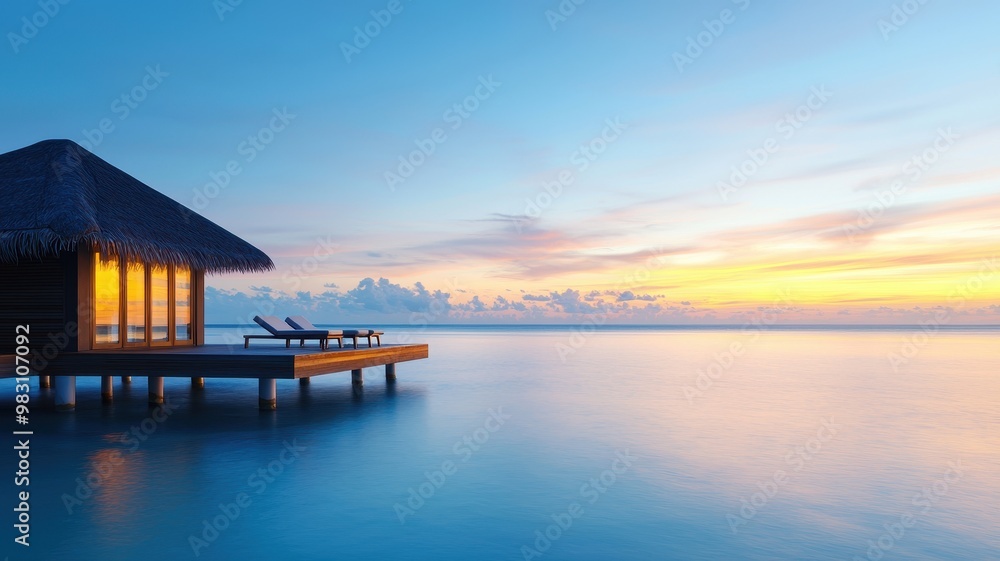 A serene sunset view over calm waters, showcasing a secluded beach hut on a wooden deck, perfect for relaxation and tranquility. A serene sunset view over calm waters, showcasing a secluded beach hut on a wooden deck, perfect for relaxation and tranquility.