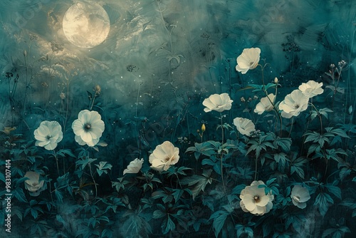 A field of white flowers bathed in the soft glow of a full moon under a dusky sky. photo