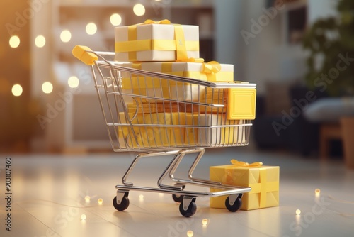 Shopping cart with gifts on festive bokeh background. Black Friday, Boxing Day and Chrismas discounts. E-commerce, retail, and marketing. Holiday gift-giving photo