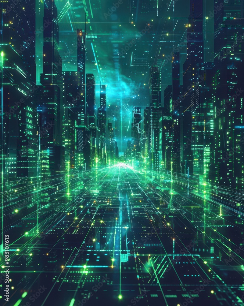 A futuristic city skyline bathed in green and blue neon lights, showcasing a glowing digital network. A futuristic city skyline bathed in green and blue neon lights, showcasing a glowing digital network.