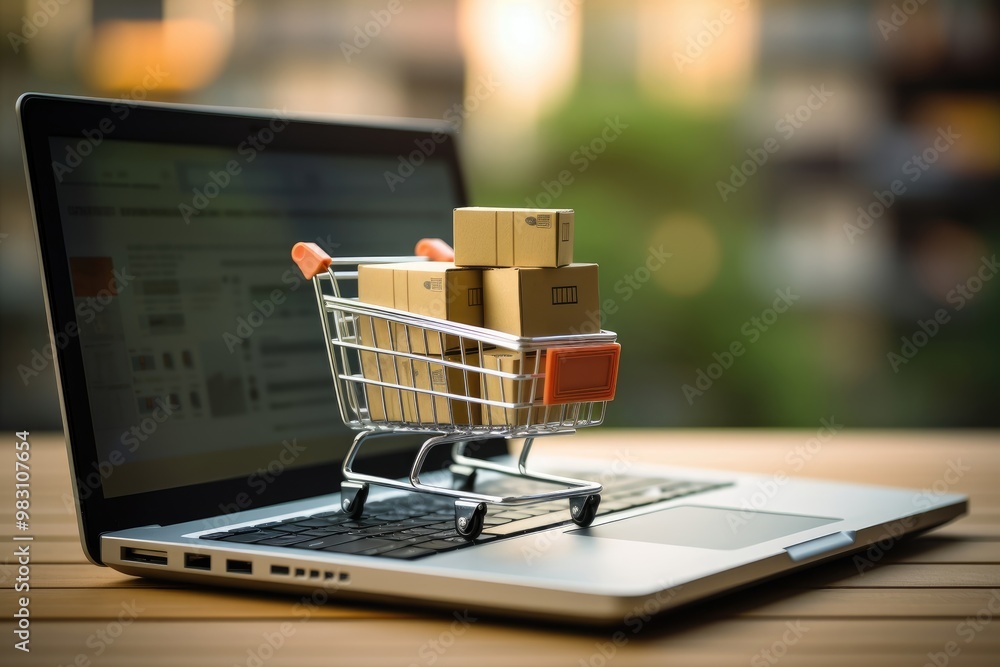 Shopping cart with cardboard boxes on laptop keyboard. Online shopping and marketplace concept. E-commerce, retail, and marketing. Black Friday discounts Shopping cart with cardboard boxes on laptop keyboard. Online shopping and marketplace concept. E-commerce, retail, and marketing. Black Friday discounts
