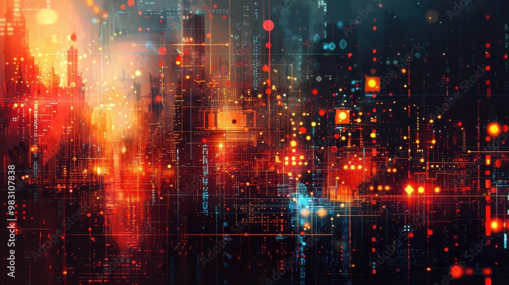 A futuristic cityscape with glowing lights and digital lines. The city is bathed in warm and cool colors, creating a dynamic and abstract scene. A futuristic cityscape with glowing lights and digital lines. The city is bathed in warm and cool colors, creating a dynamic and abstract scene.