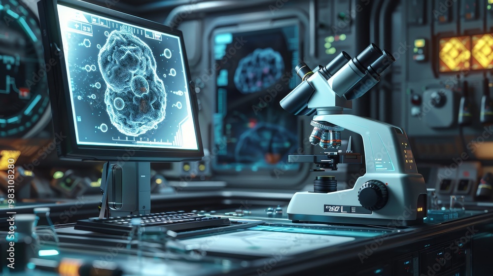 Fototapeta premium A futuristic laboratory with a microscope and computer screen displaying a scientific image. The room is filled with advanced technology and equipment.
