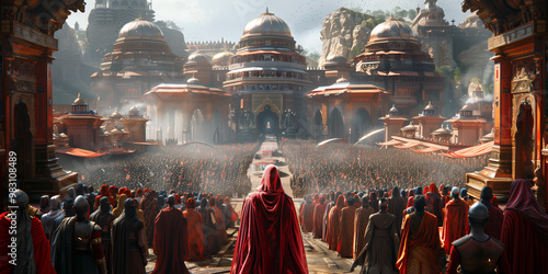 An alien monarch presiding over a grand ceremony, with ornate robes and regal surroundings befitting their extraterrestrial status.