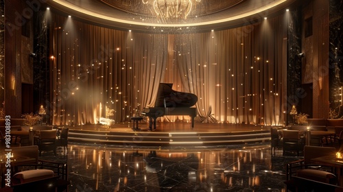 A grand piano sits on a stage bathed in warm light, creating a luxurious and intimate atmosphere. photo