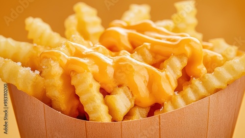 A tantalizing serving of crinkle-cut fries topped with creamy cheese sauce, perfect for satisfying your cravings. photo