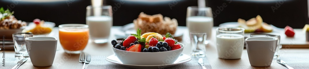 Elegant Dining Table Set with a Healthy Breakfast of Fruits, Whole Grains, and Smoothies Elegant Dining Table Set with a Healthy Breakfast of Fruits, Whole Grains, and Smoothies