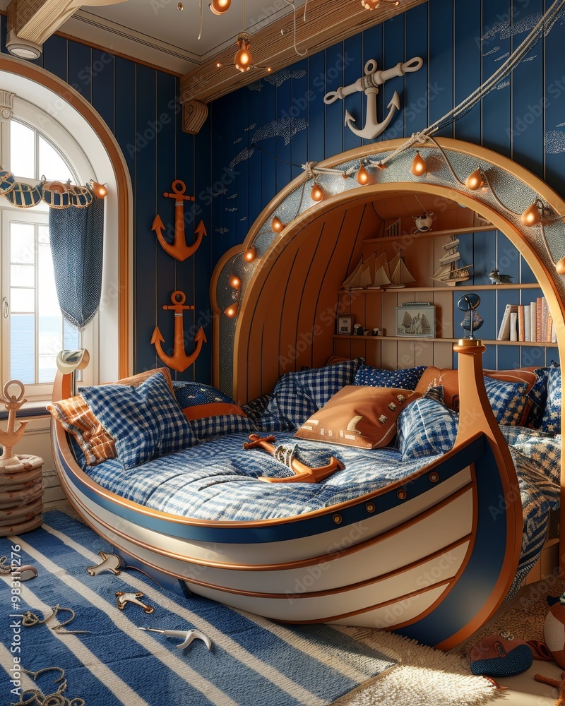 Obraz premium A nautical themed bedroom with a boat-shaped bed, blue and white striped rug, and anchor decorations.