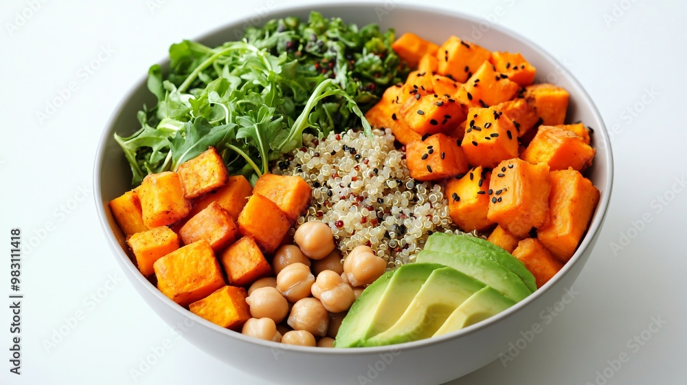 Vegan Buddha bowl with quinoa, avocado, chickpeas, and sweet potatoes, isolated on a smooth white surface Vegan Buddha bowl with quinoa, avocado, chickpeas, and sweet potatoes, isolated on a smooth white surface