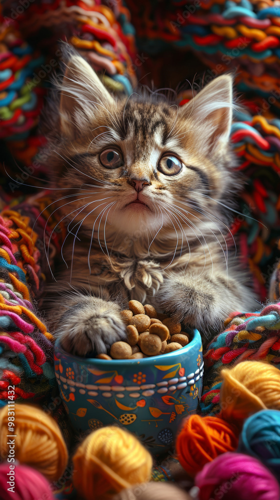 In a lively setting, colorful cat toys are scattered across the floor. A curious, energetic kitten eagerly approaches a bowl, drawn by the enticing meal. In a lively setting, colorful cat toys are scattered across the floor. A curious, energetic kitten eagerly approaches a bowl, drawn by the enticing meal.