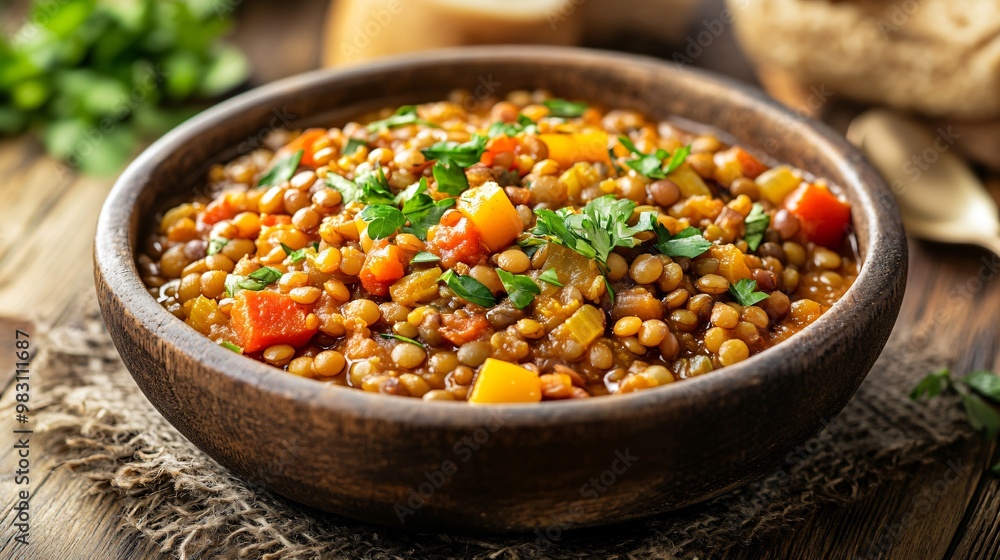 Vegan lentil and vegetable stew in a rustic bowl, isolated on a wooden table background Vegan lentil and vegetable stew in a rustic bowl, isolated on a wooden table background