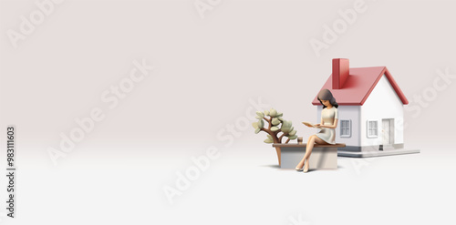 A girl reads a book on a bench near the house, 3D. Modern cute banner for design concepts of education, literature, and leisure. Lifestyle, enjoyment, recreation. Vector