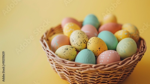 A close-up of a wicker basket filled with colorful eggs on a pale yellow background