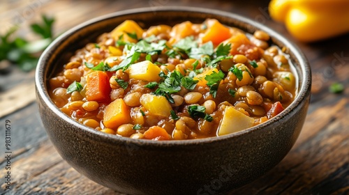 Vegan lentil and vegetable stew in a rustic bowl, isolated on a wooden table background