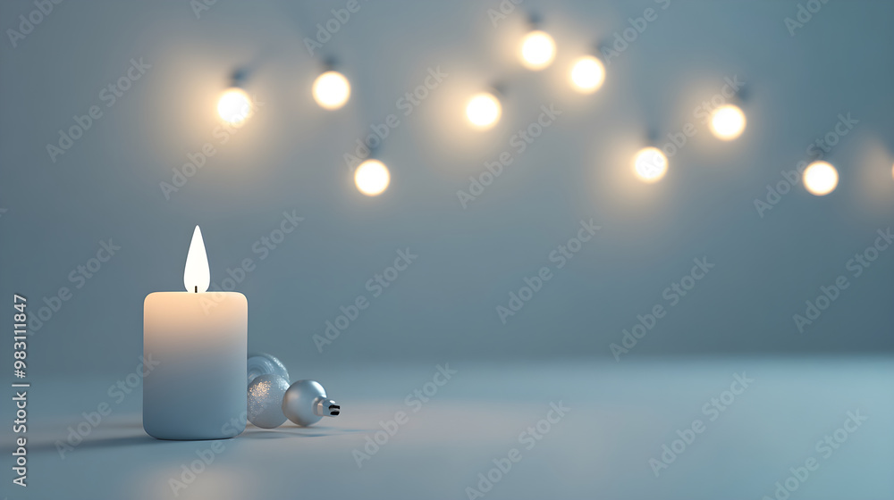Minimalist White Background with Light Bulbs and a Festive Christmas Candle on the Left Minimalist White Background with Light Bulbs and a Festive Christmas Candle on the Left