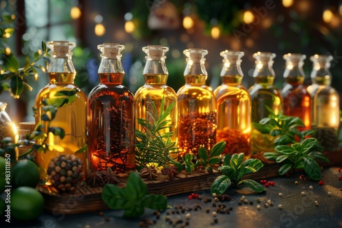 A row of glass bottles filled with various liquids, surrounded by herbs and spices.