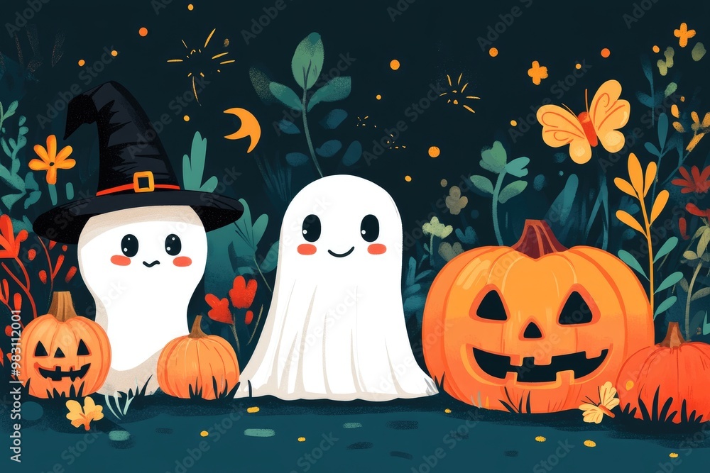 Obraz premium Two Friendly Ghosts and Pumpkins in a Halloween Setting
