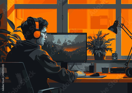 Non-Stop Customer Support at Night: Online Technical Assistance, 24/7 Service, Vector Illustration of Person with Headphones in Minimalistic Home Office Setting