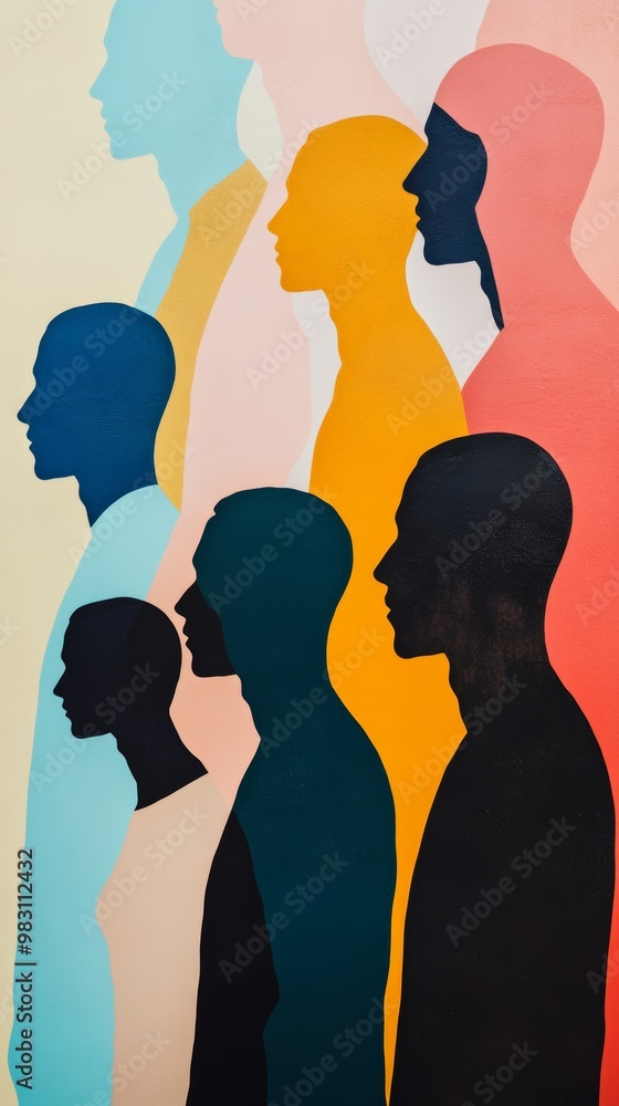 A cascade of multicolored silhouettes, each representing a unique identity within a diverse society. A cascade of multicolored silhouettes, each representing a unique identity within a diverse society.