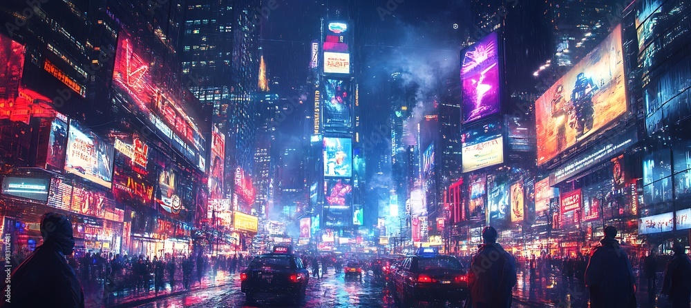 Smart transportation networks and holographic advertisements dominate the futuristic city skyline
Smart transportation networks and holographic advertisements dominate the futuristic city skyline