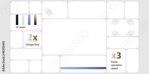 Graphic dashboard for tech product presentation template. Bricks for photo, numbers data, app chart, mosaic plan layout. Website slide grid ui frames in trendy bento gallery view. Branding portfolio