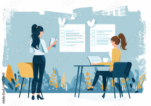 Female Leader Checking Task Fulfillment, Minimalistic Business Vector Illustration, Two Women in Office Reviewing Project Checklist, Blue and Yellow Color Palette, Teamwork and Productivity Concept