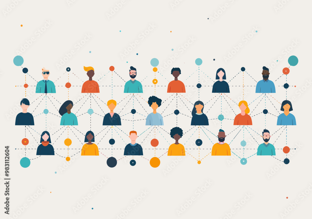 Diverse People Connected in Online Social Network, Minimalistic Business Concept Illustration for Communication and Connections Diverse People Connected in Online Social Network, Minimalistic Business Concept Illustration for Communication and Connections