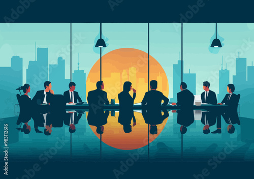 Collaborative Business Meeting at Sunrise in Modern Boardroom with City Skyline, Teamwork and Corporate Communication Concept, Vector Illustration